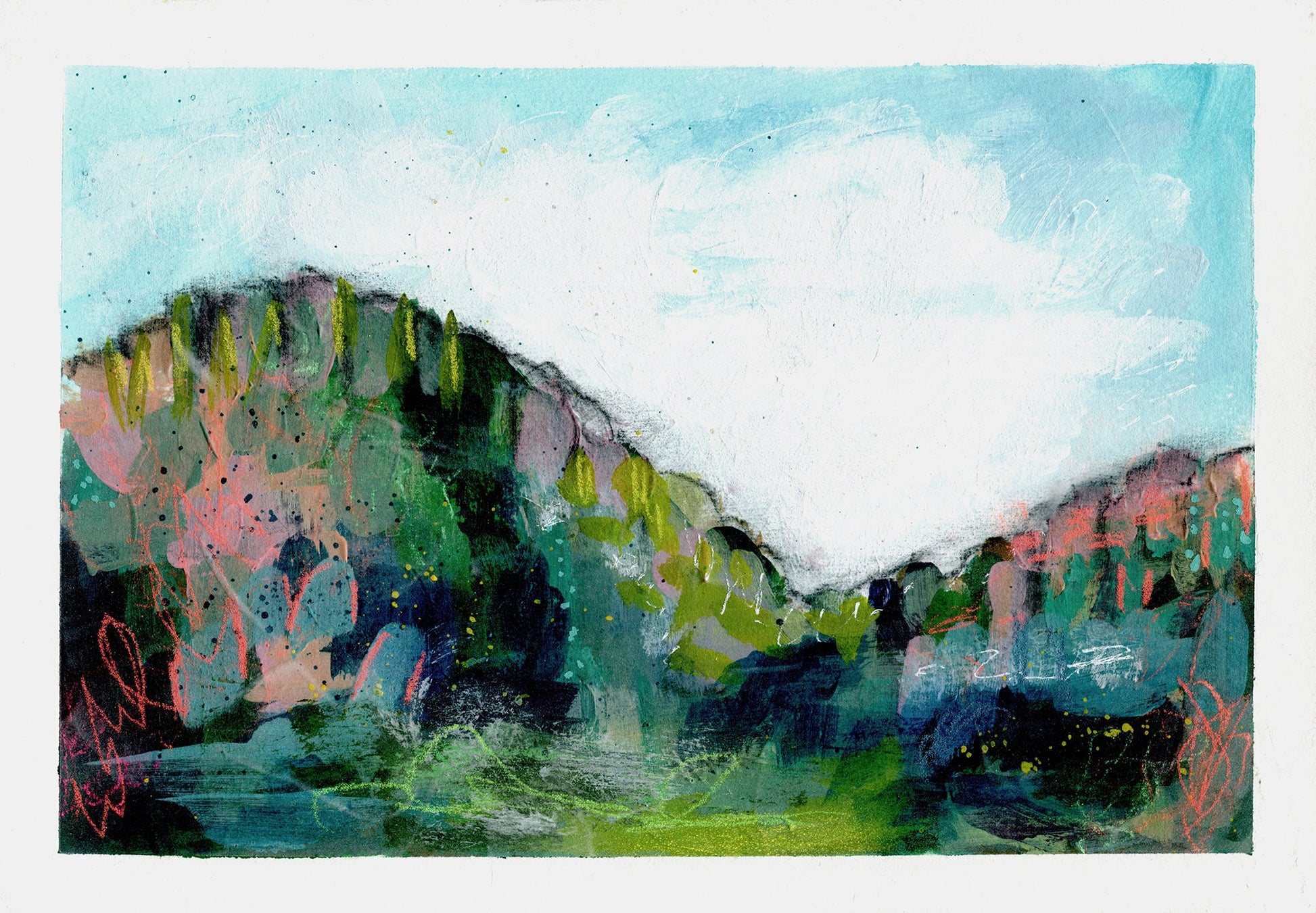 Colorful abstract landscape original painting 7x10, spring and summer forest landscape, green field acrylic painting - Carved Effects