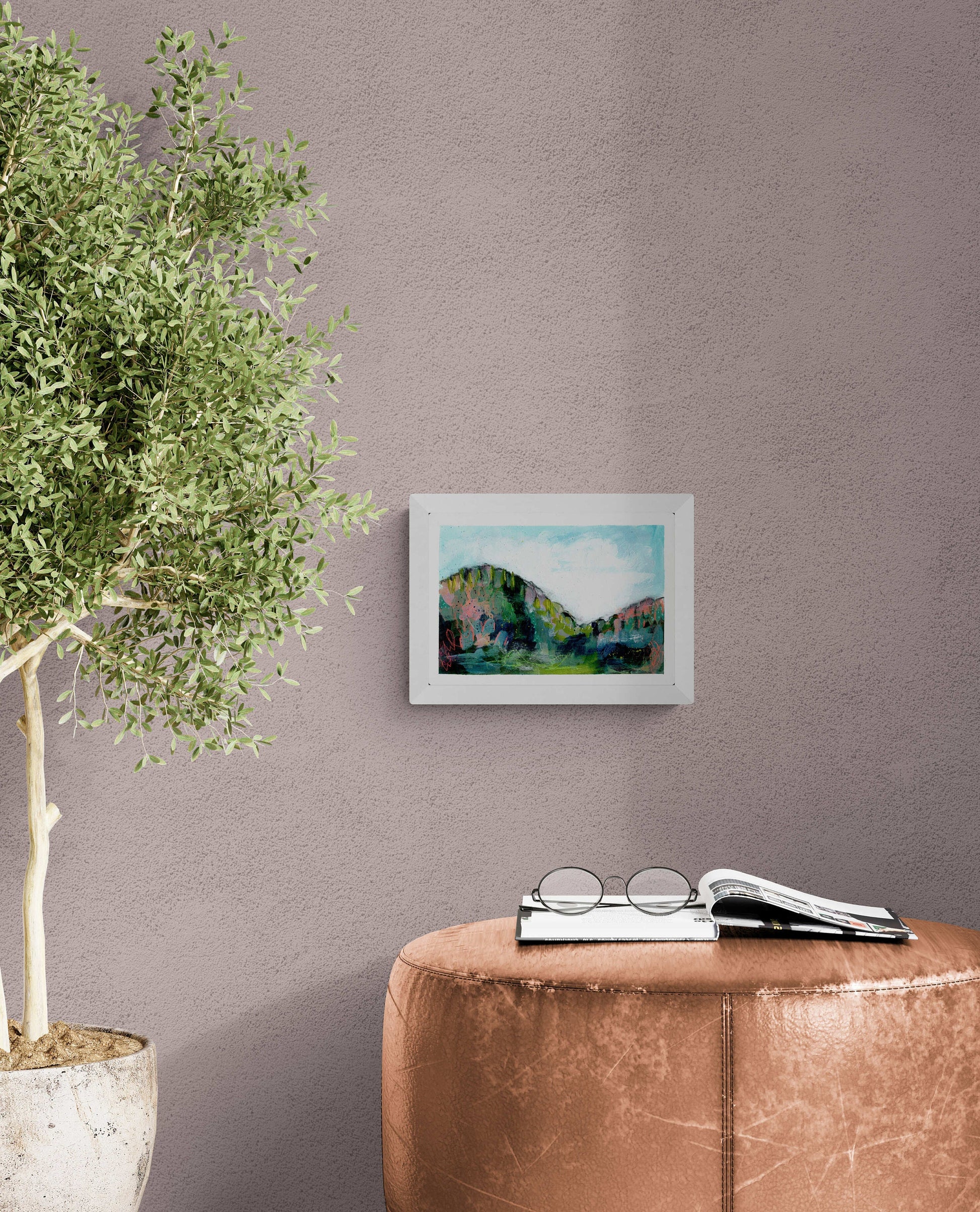 Colorful abstract landscape original painting 7x10, spring and summer forest landscape, green field acrylic painting - Carved Effects