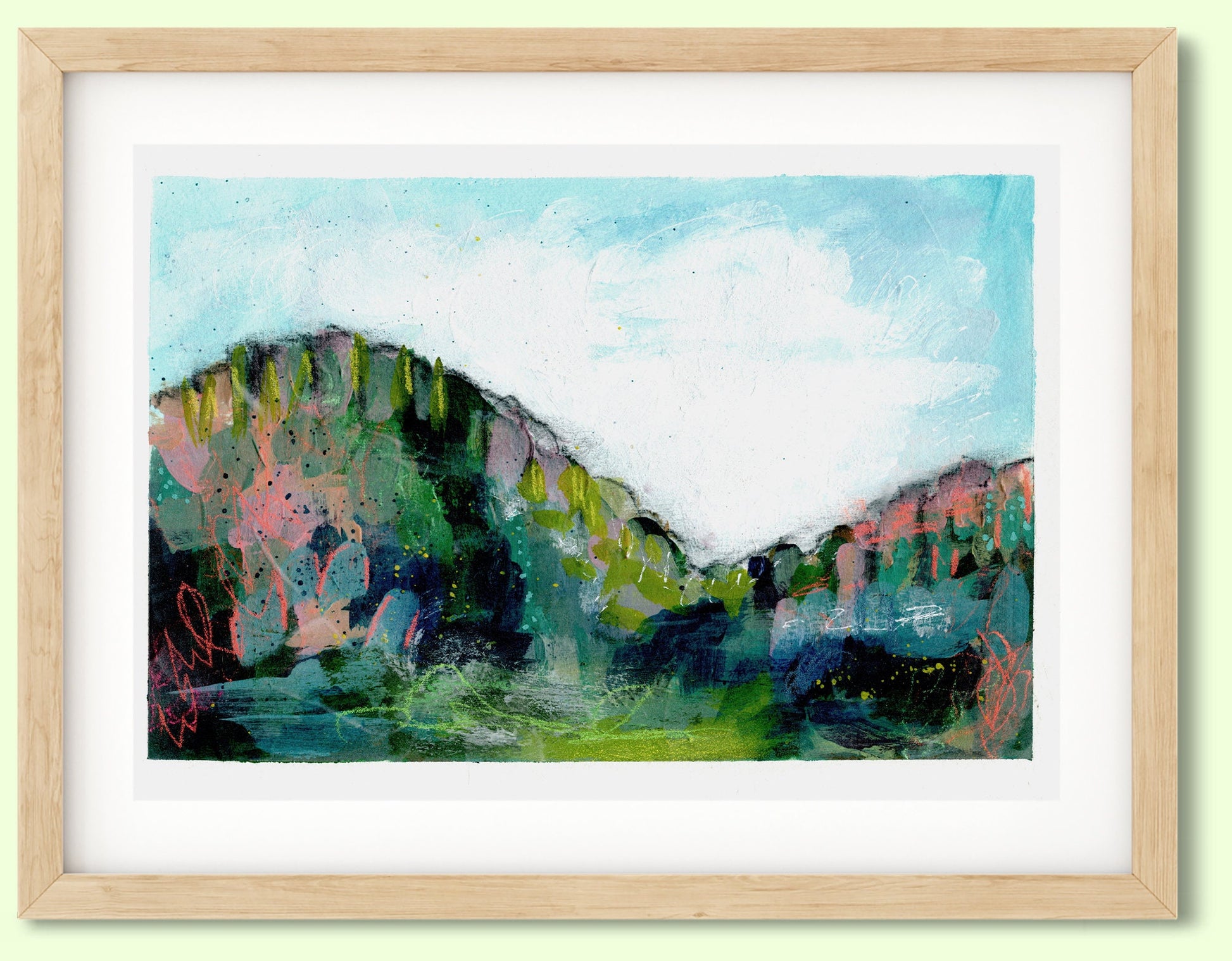 Colorful abstract landscape original painting 7x10, spring and summer forest landscape, green field acrylic painting - Carved Effects