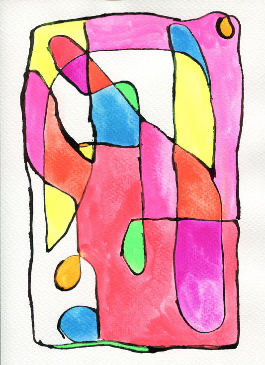 Colorful neon watercolor geometric line painting 9x12