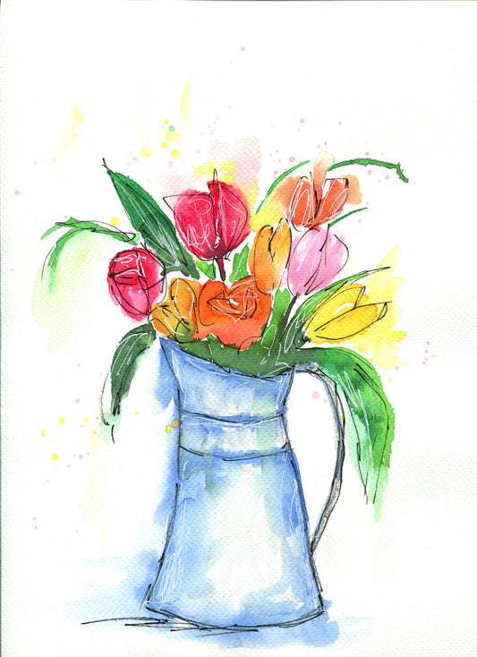Colorful tulips in old water pitcher watercolor painting 9x12 - carved effects