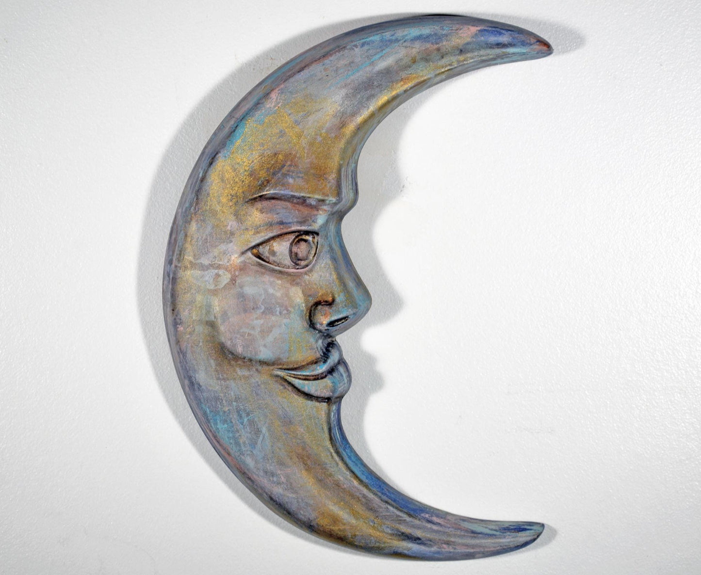 Crescent moon face 3d wood carving, wood wall art, vibrant and bold wood wall art ready to hang