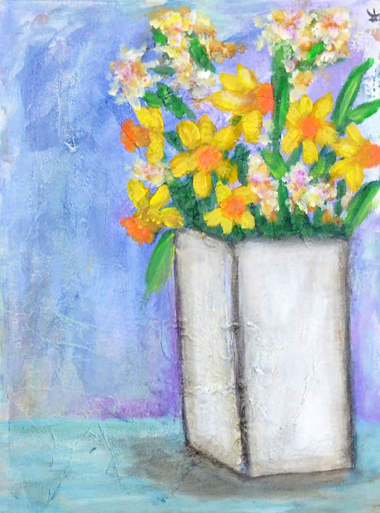 Daffodils in a vase hand painted acrylic painting on canvas board, cheerful bright wall art, ready to frame 12 x 16 - Carved Effects