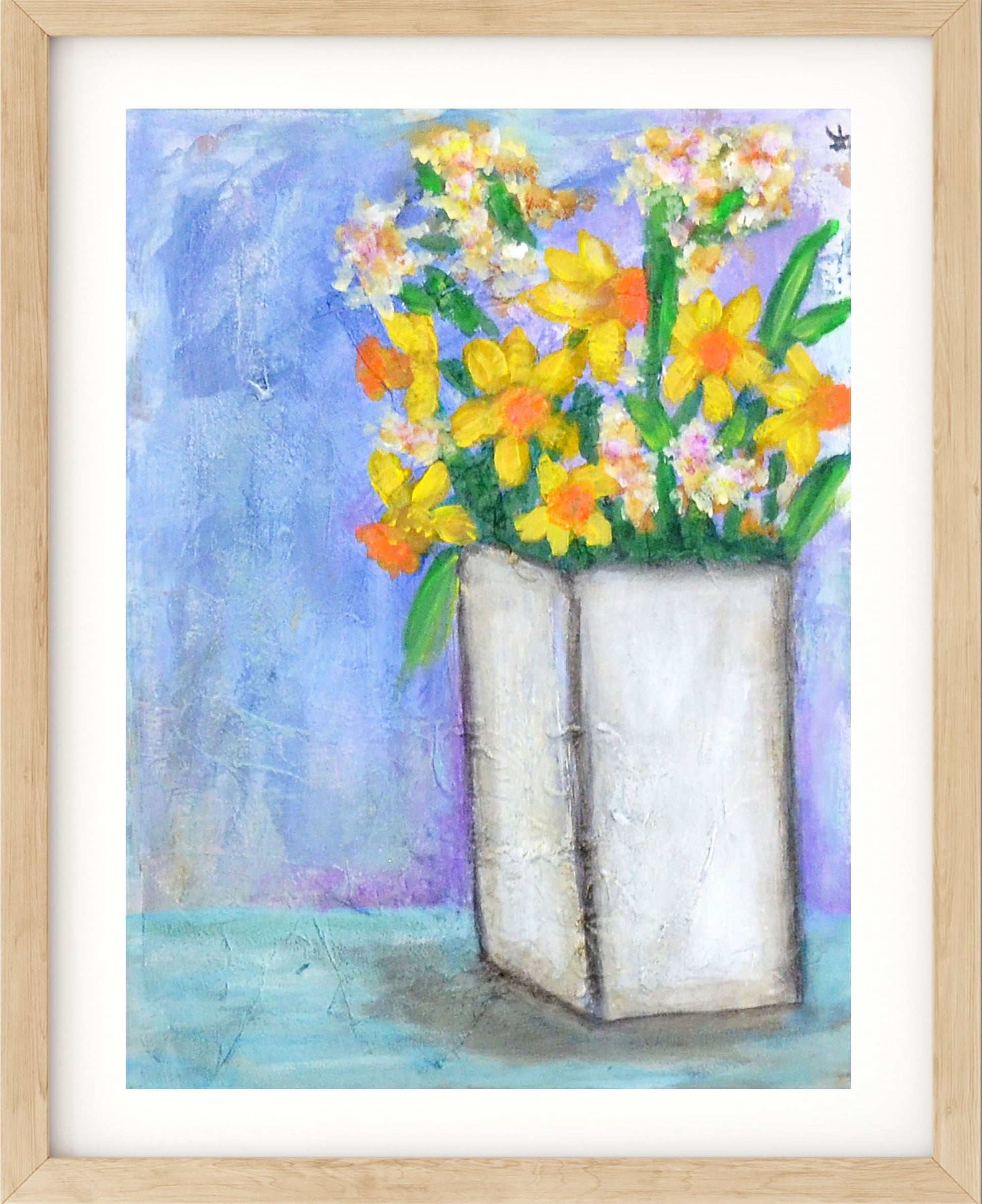 Daffodils in a vase hand painted acrylic painting on canvas board, cheerful bright wall art, ready to frame 12 x 16 - Carved Effects