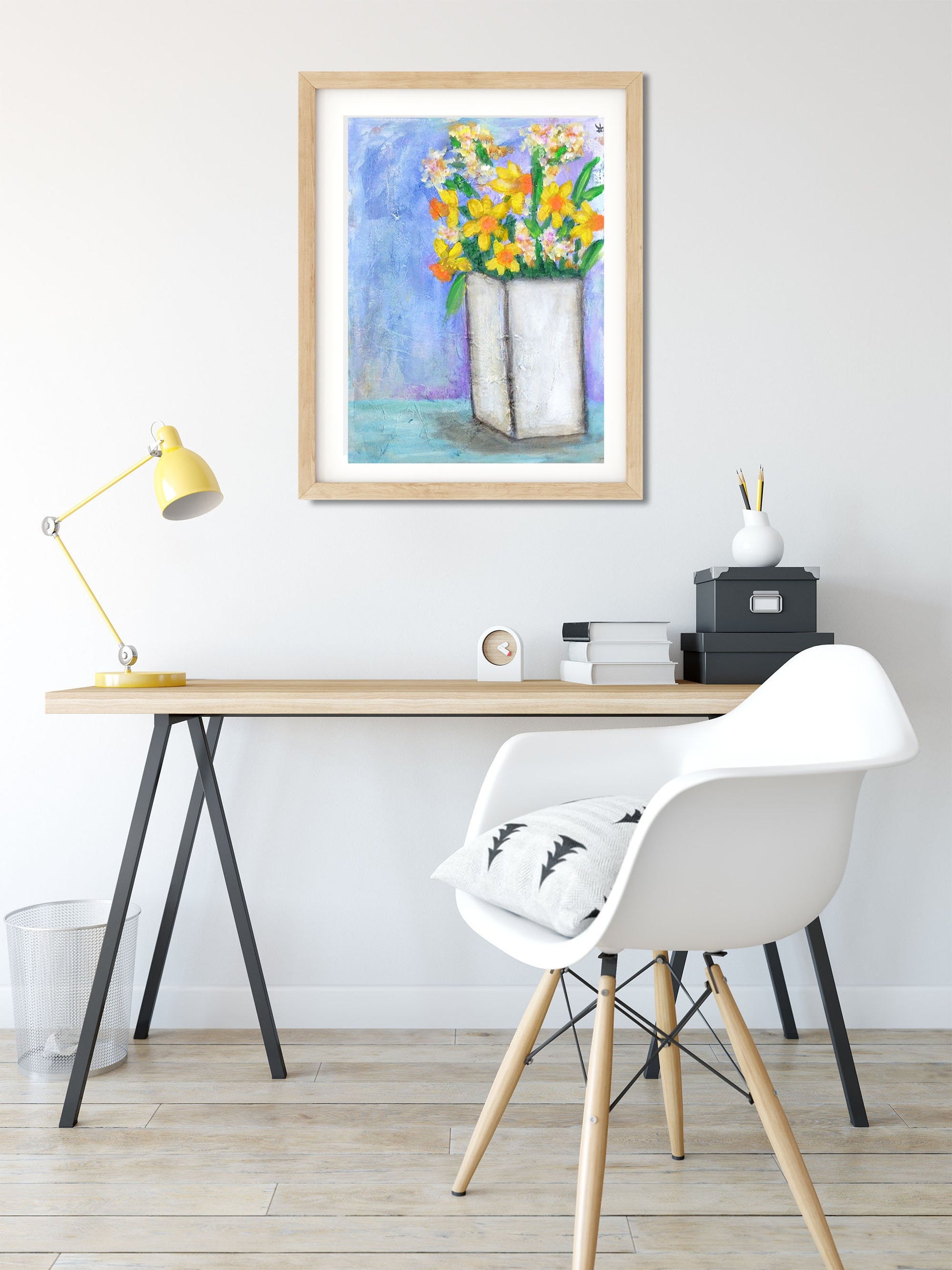Daffodils in a vase hand painted acrylic painting on canvas board, cheerful bright wall art, ready to frame 12 x 16 - Carved Effects