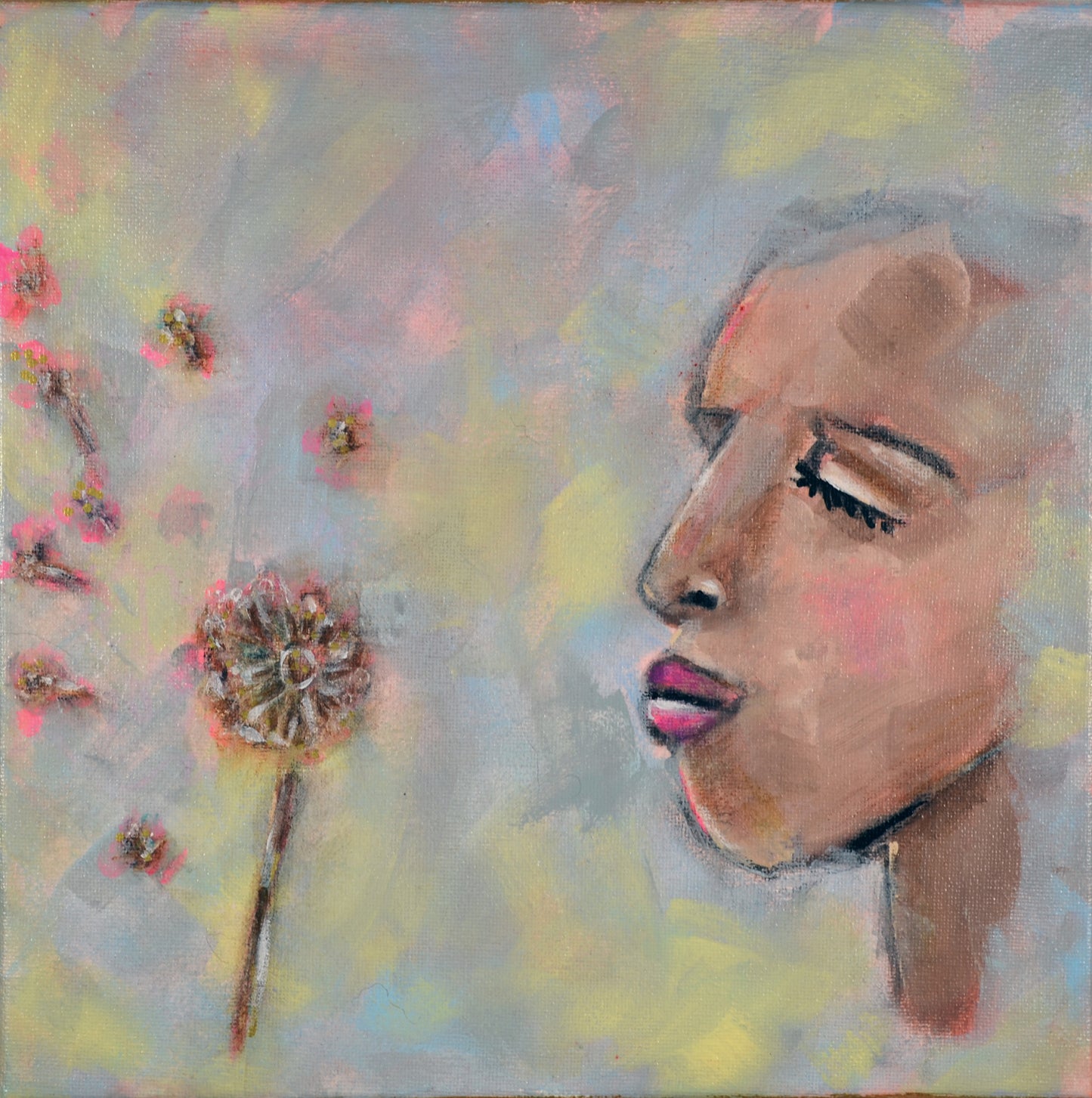 Dandelion wish acrylic canvas art 10x10, boho home decor, hand painted flower painting - Carved Effects