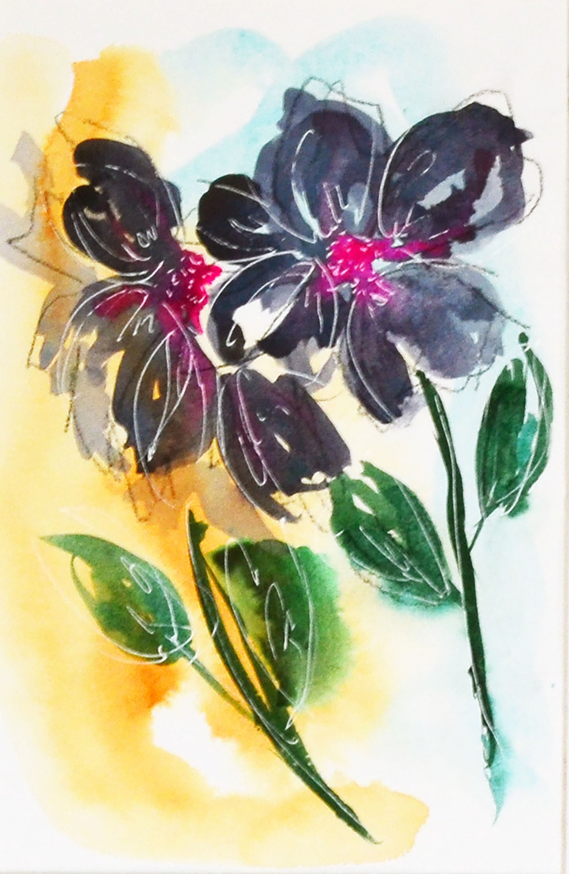 Abstract moody original watercolor flower painting, dark watercolor floral wall art - Carved Effects