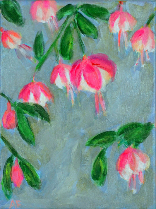 Hand painted acrylic painting on canvas featuring pink and white honeysuckle flowers with green leaves.