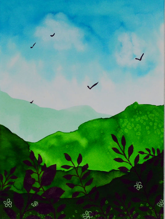 Dreamy green landscape watercolor painting 9x12, original landscape wall art ready to frame - Carved Effects