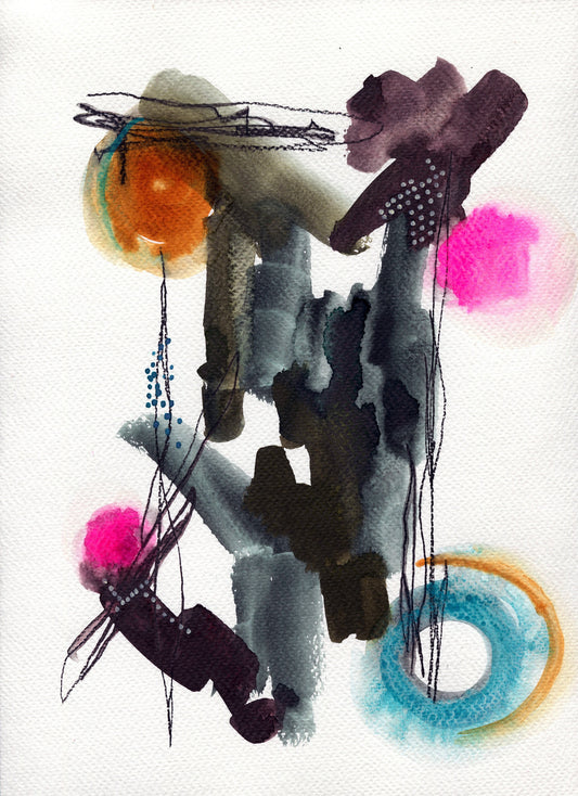 Earth tones and vibrant pink and blue hand painted abstract watercolor painting 9x12, abstract circle watercolor original artwork - Carved Effects