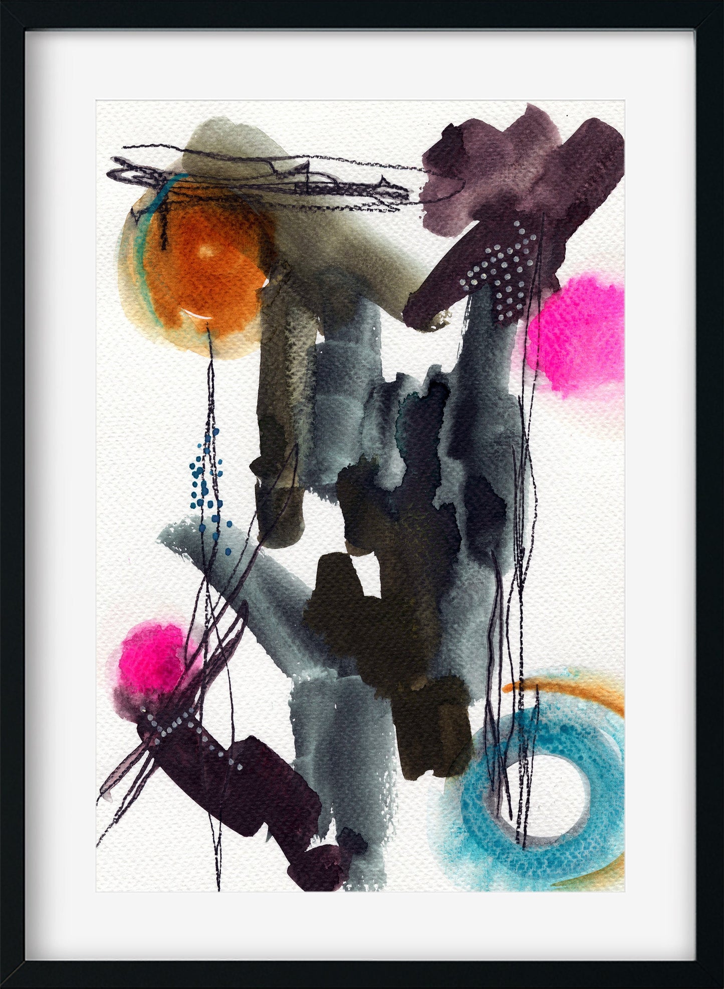 Earth tones and vibrant pink and blue hand painted abstract watercolor painting 9x12, abstract circle watercolor original artwork - Carved Effects
