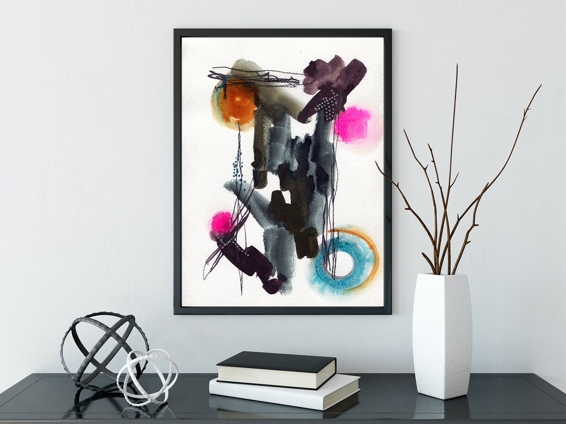 Earth tones and vibrant pink and blue hand painted abstract watercolor painting 9x12, abstract circle watercolor original artwork - Carved Effects