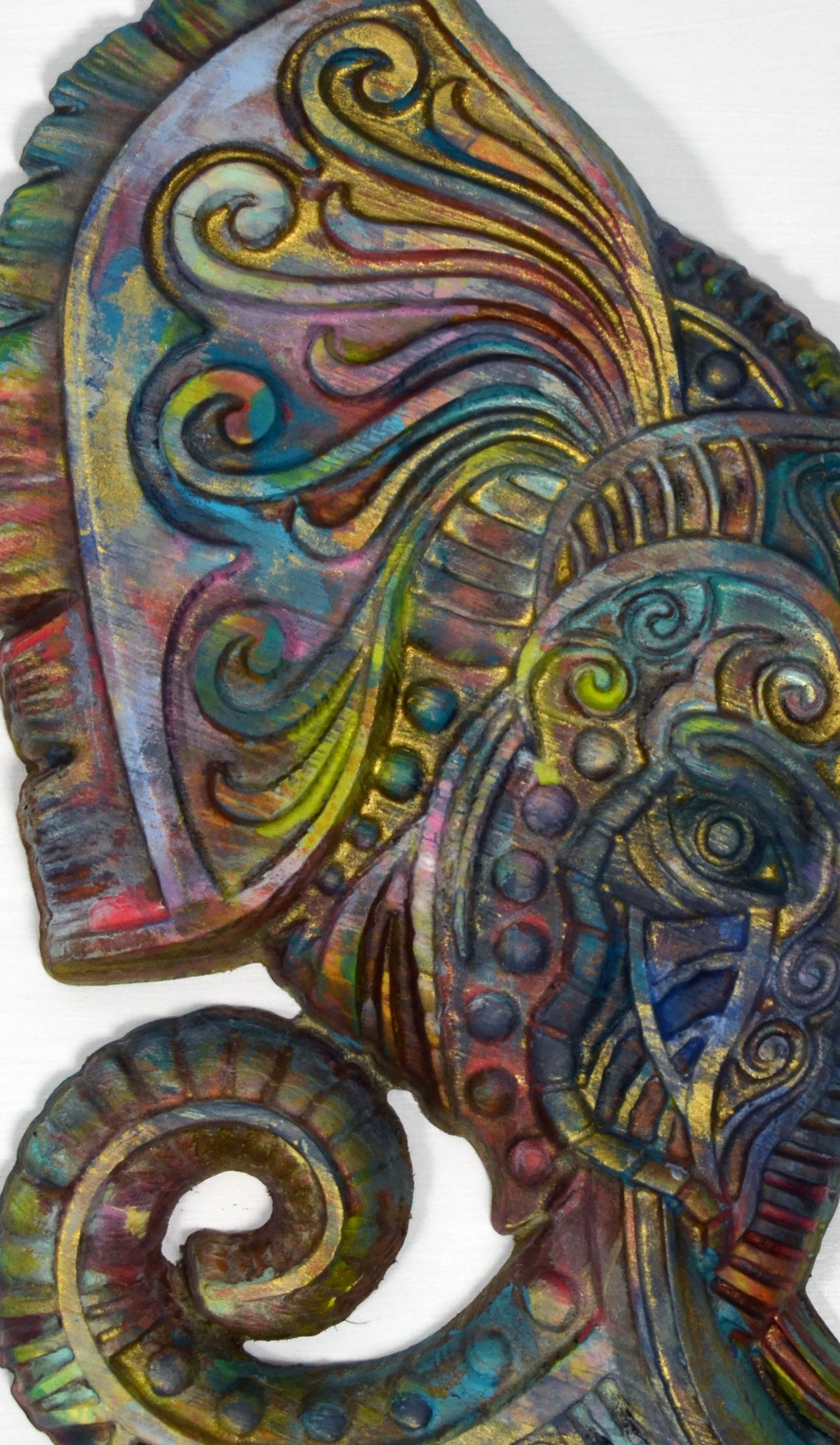 Elephant profile hand painted 3d wood carving