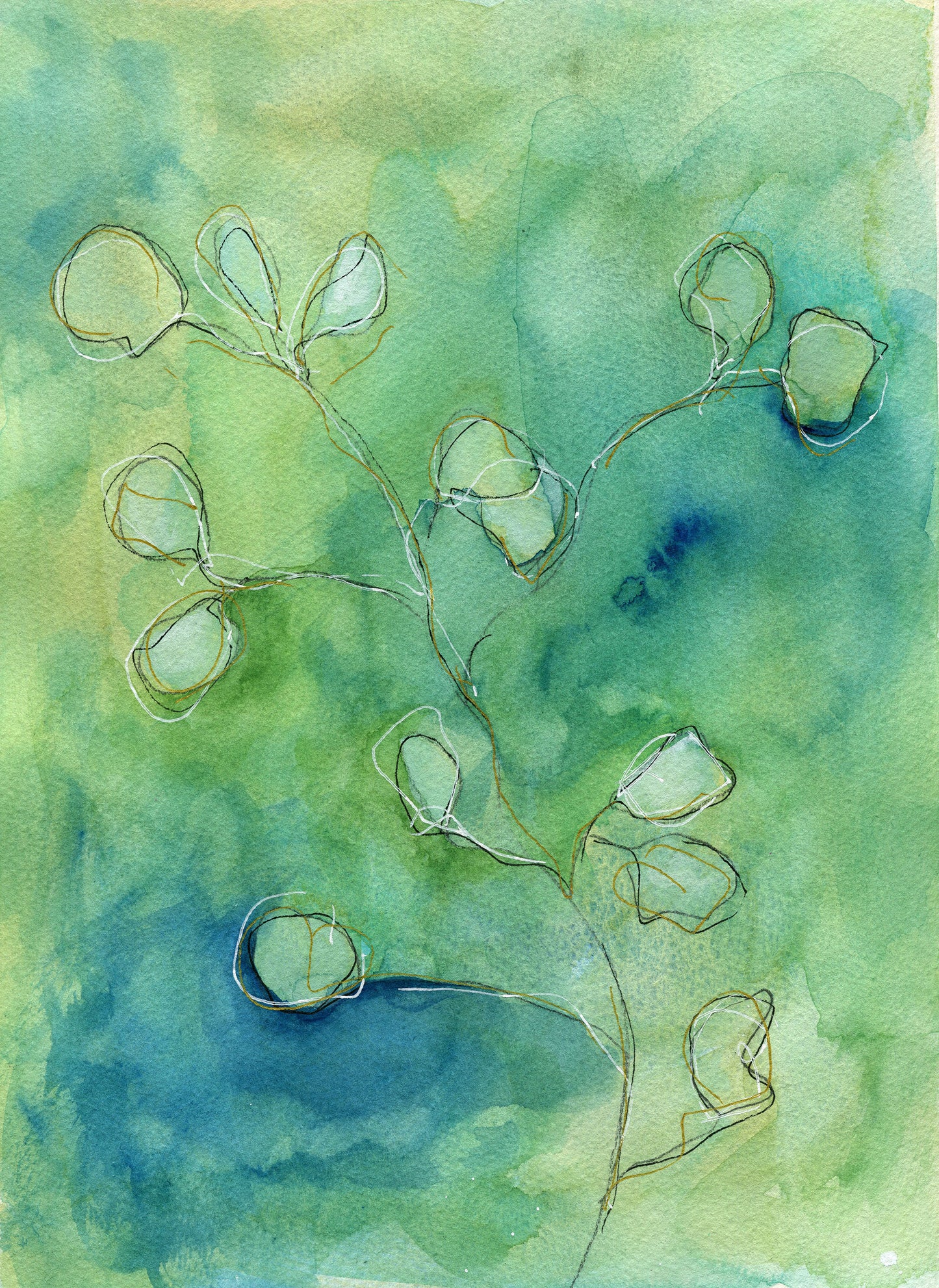 Watercolor painting of a branch with leaves on a green and blue background