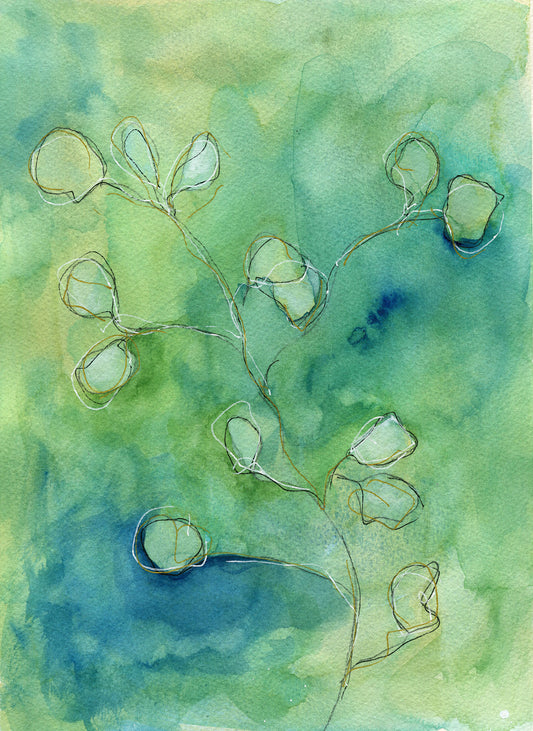 Watercolor painting of a branch with leaves on a green and blue background
