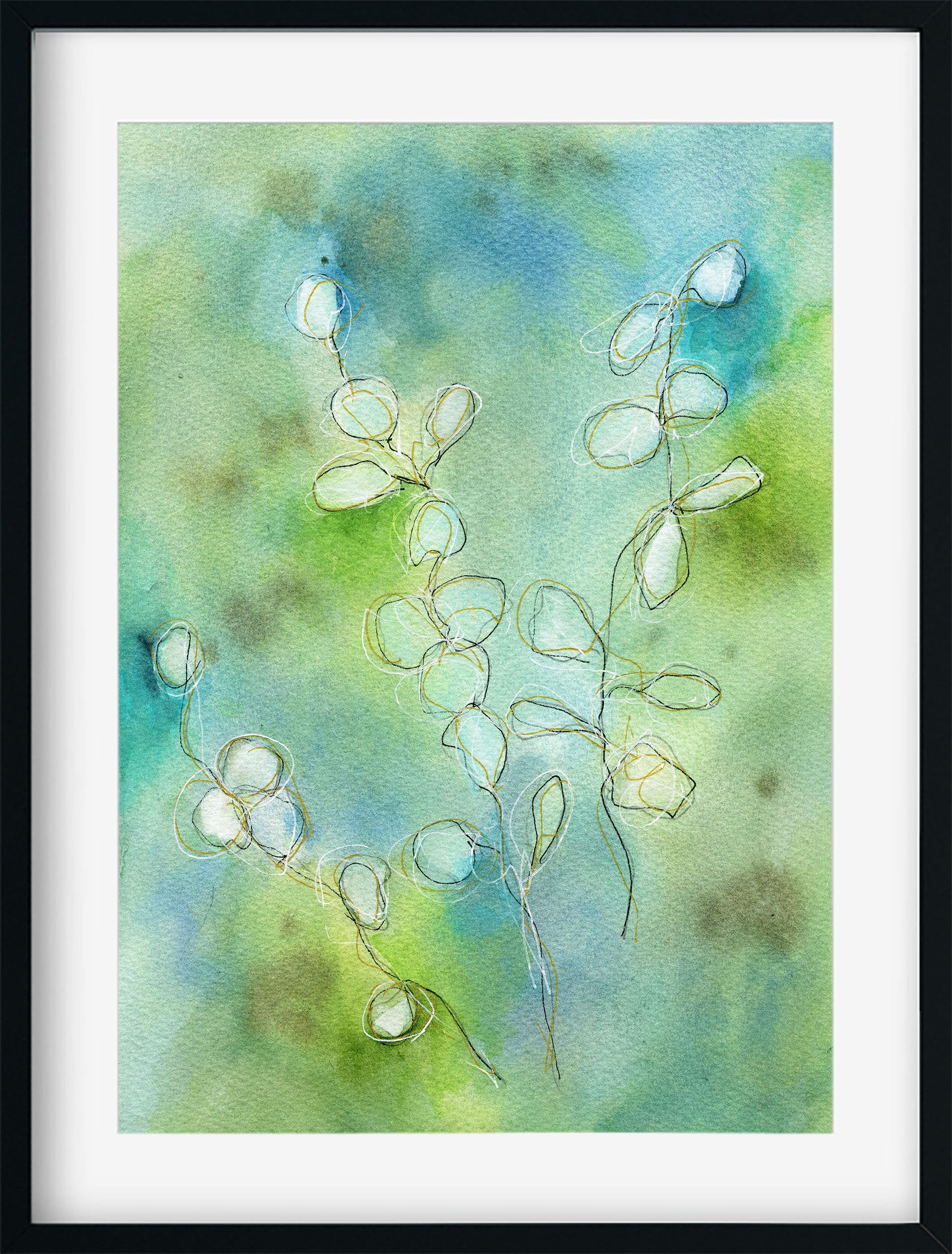 Framed watercolor painting of floral branches on a green and blue background