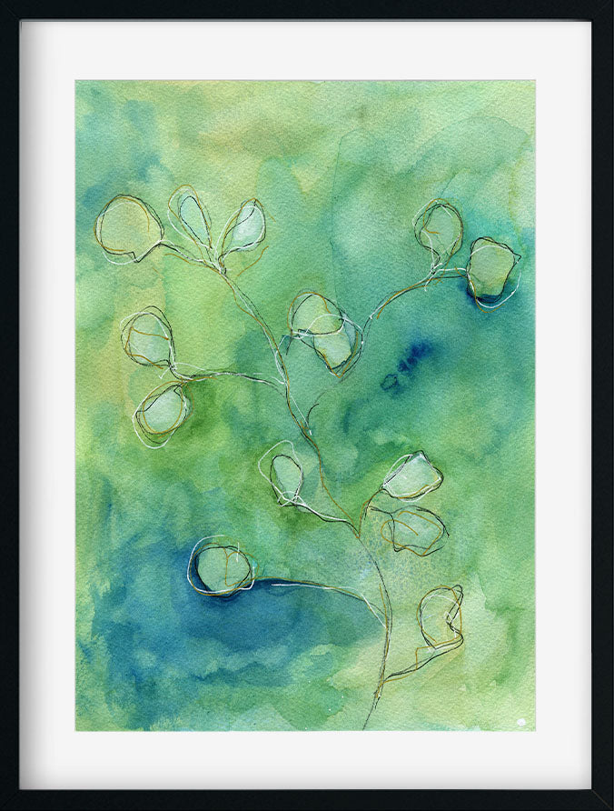 Artistic depiction of a branch with leaves on a watercolor background