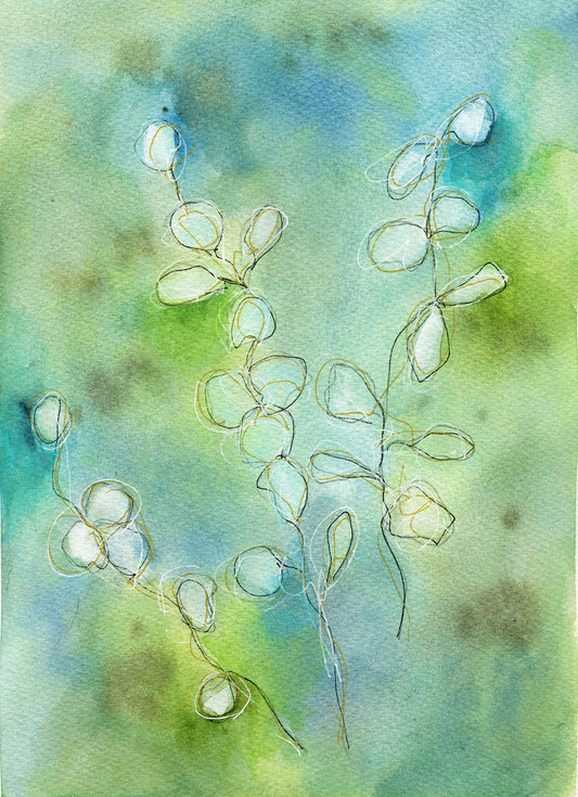 Watercolor painting of delicate flowers on a green and blue background