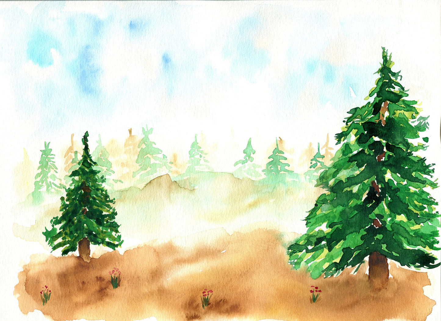 Evergreen forest watercolor painting 9x12, original wilderness landscape watercolor painting - Carved Effects