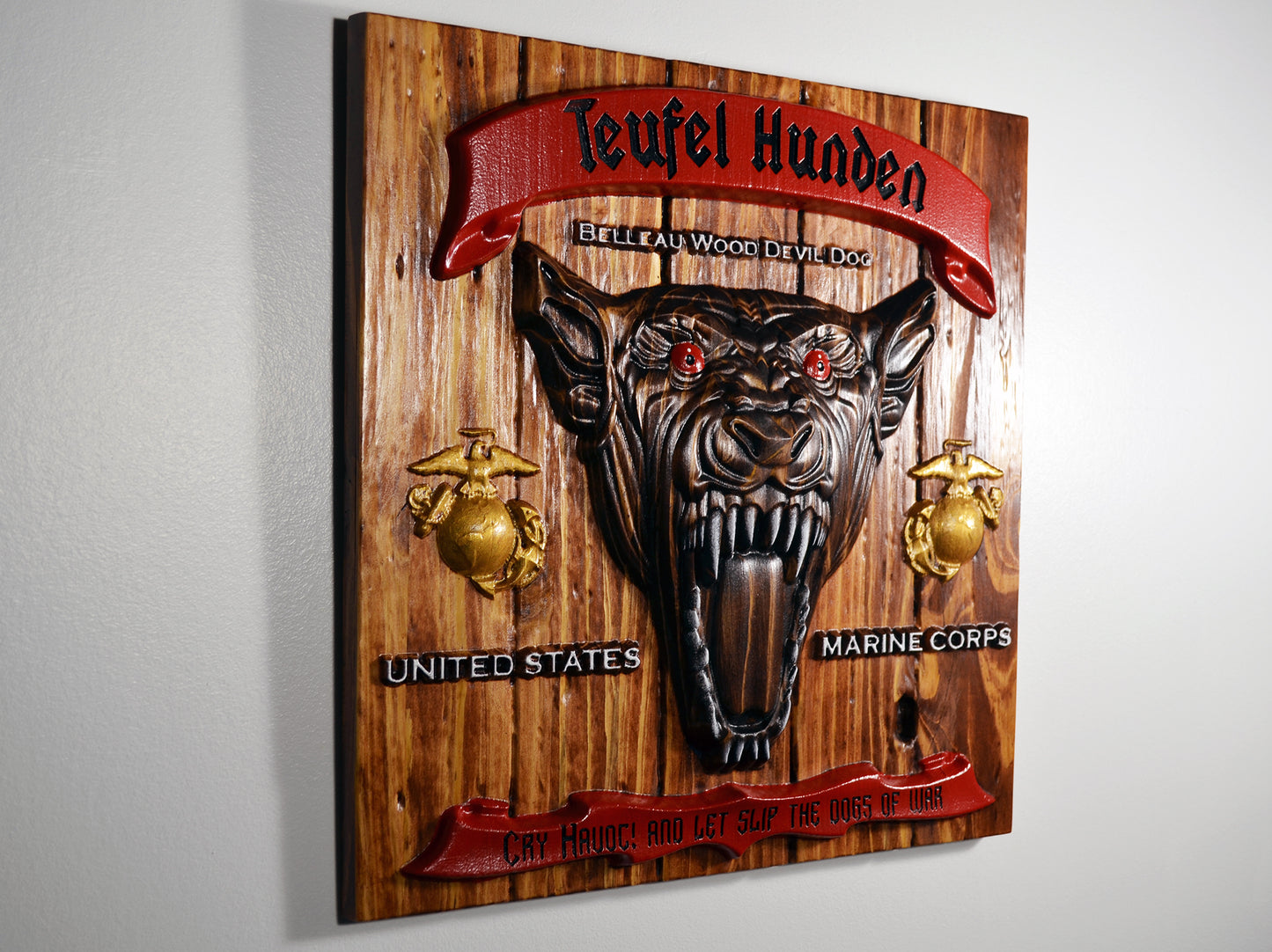 USMC Evil Devil Dog, CNC 3d Wood Carving, Teufel Hunden, Military Plaque