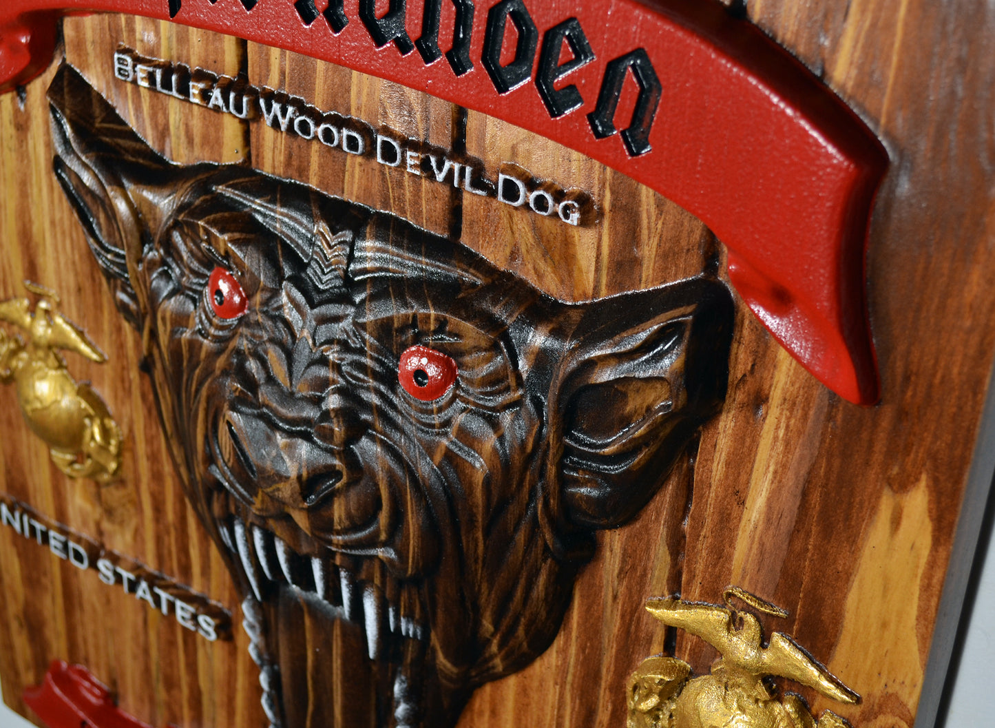 USMC Evil Devil Dog, CNC 3d Wood Carving, Teufel Hunden, Military Plaque