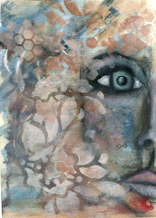 Expressive female portrait hand painted mixed media on paper 9x12, eclectic funky wall art, feminine face painting - Carved Effects
