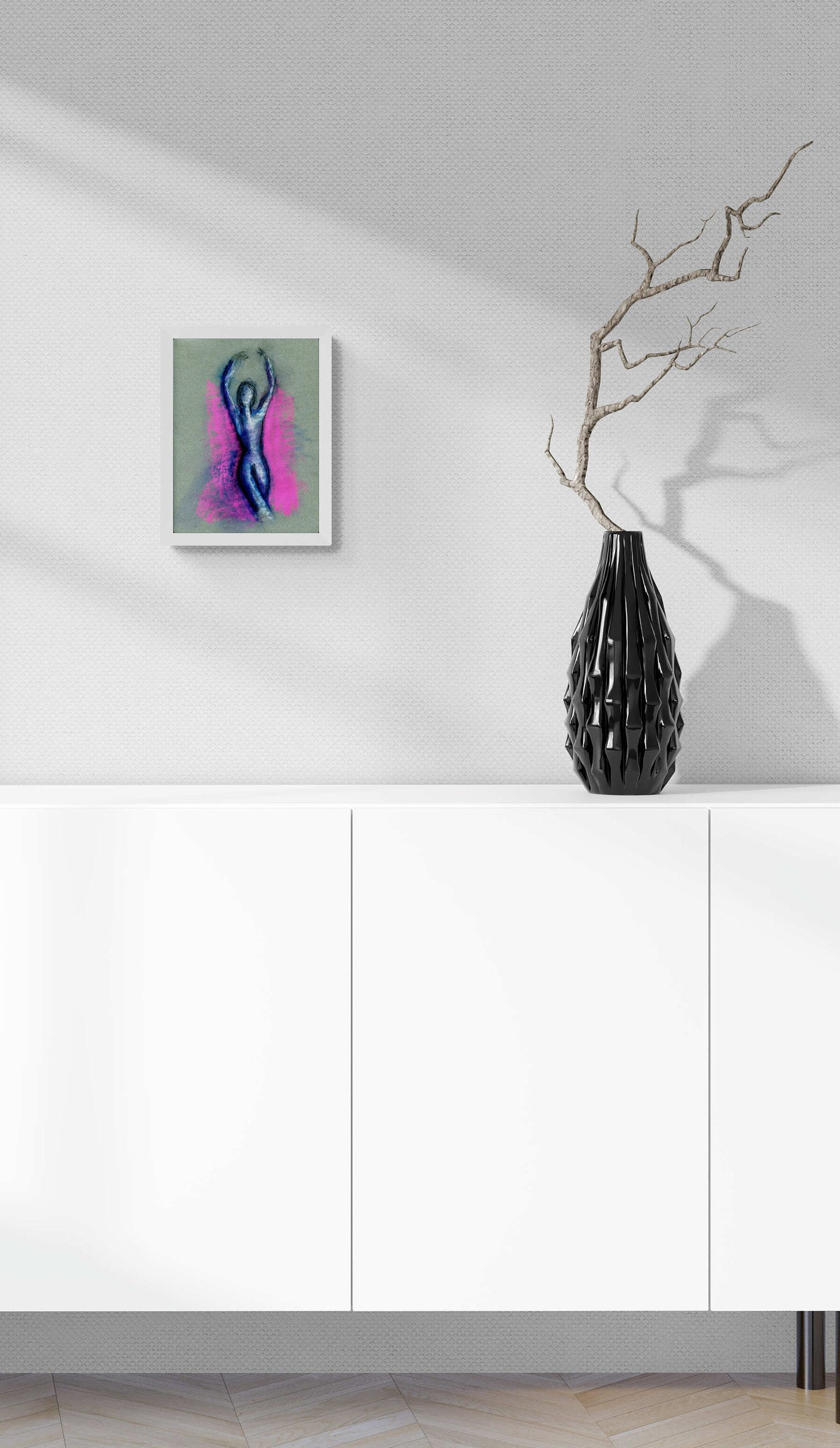 Expressive female form original soft pastel drawing 9x12, hot pink ballet dancer, sensual sultry female silouette - Carved Effects