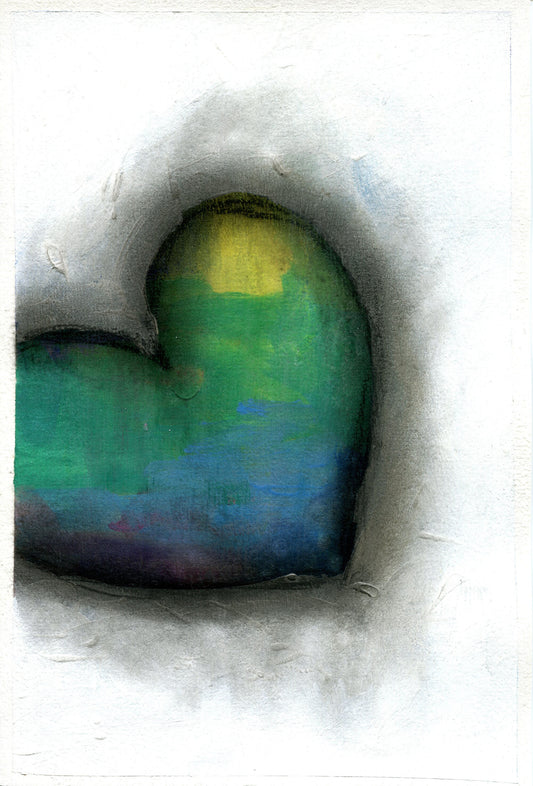 Expressive blue heart painting on paper 6x9, funky wall decor, original mixed media abstract painting - Carved Effects