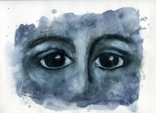 Artistic depiction of a face with large eyes on a white background