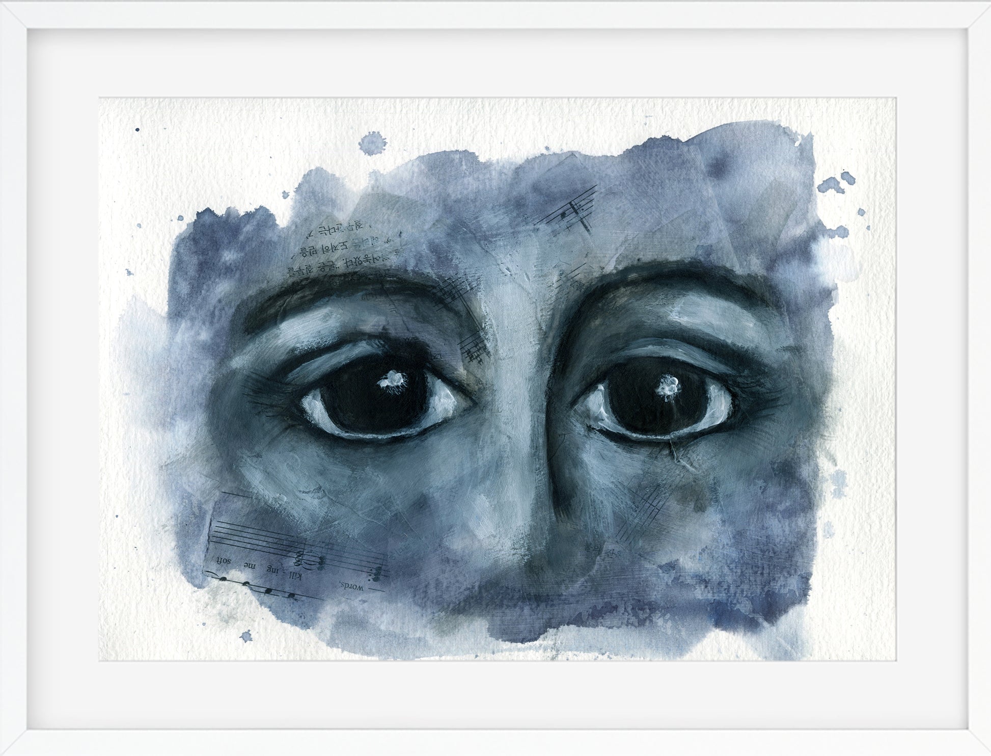Artistic depiction of a face with watercolor textures on a white background