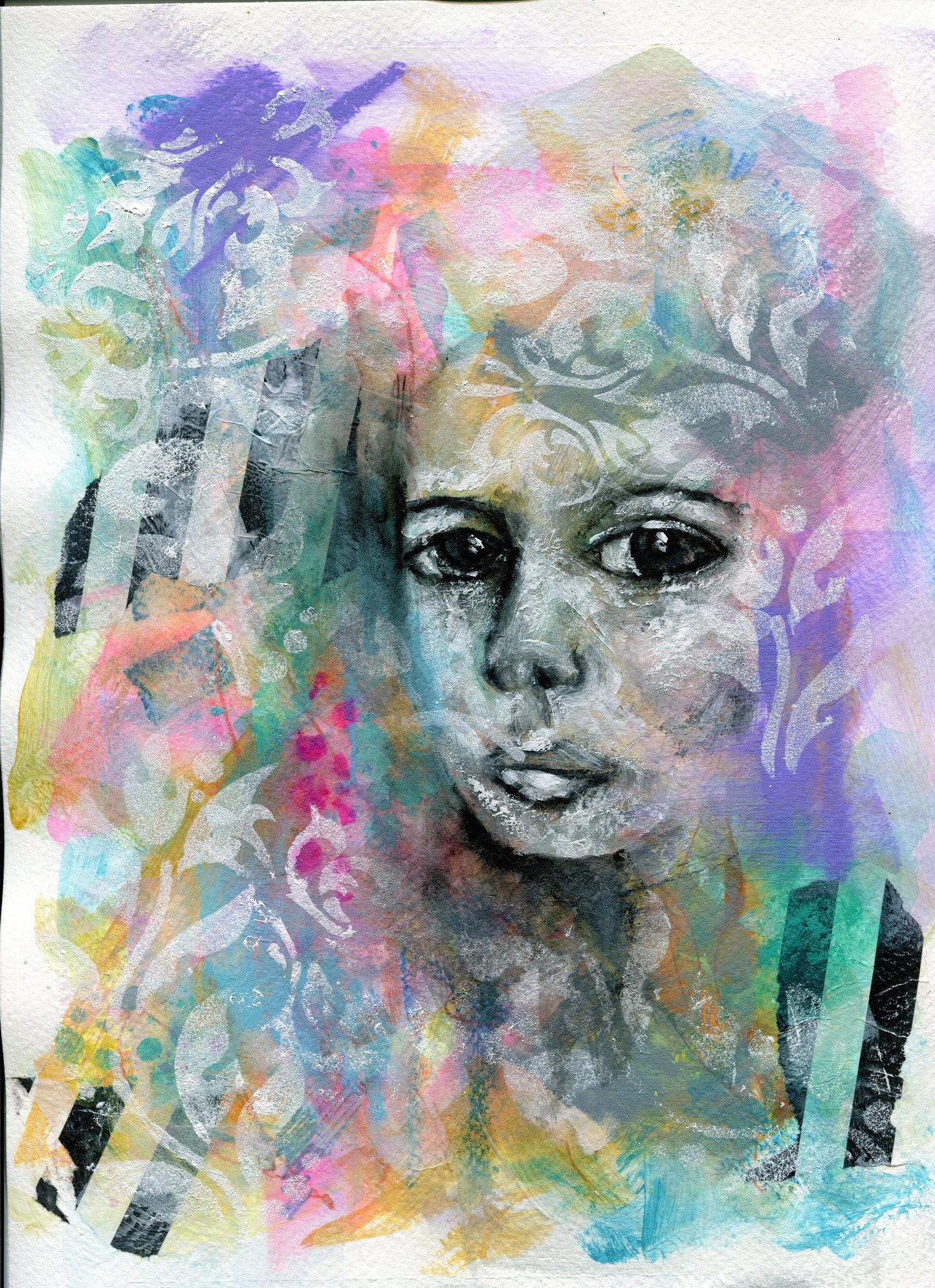 Hand painted mixed media portrait of a woman on watercolor paper with abstract and funky wall decor elements.
