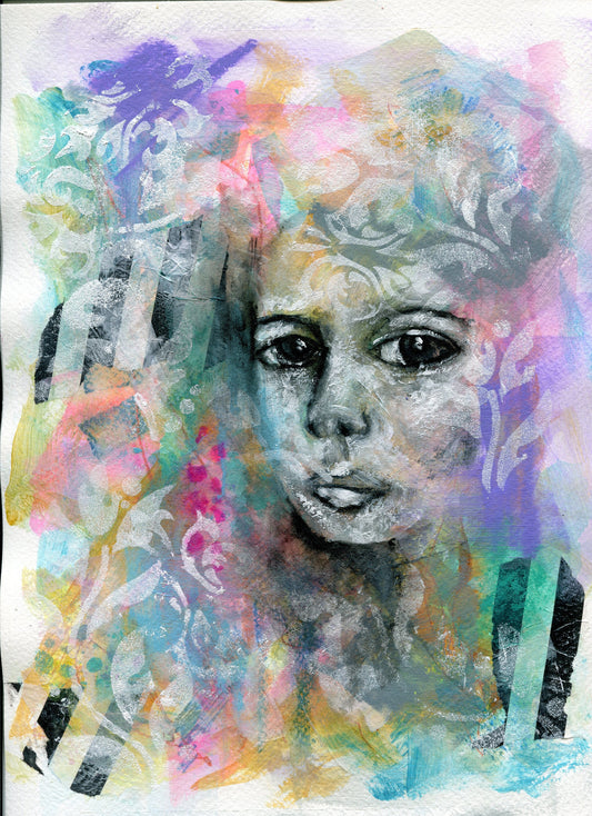 Hand painted mixed media portrait of a woman on watercolor paper with abstract and funky wall decor elements.
