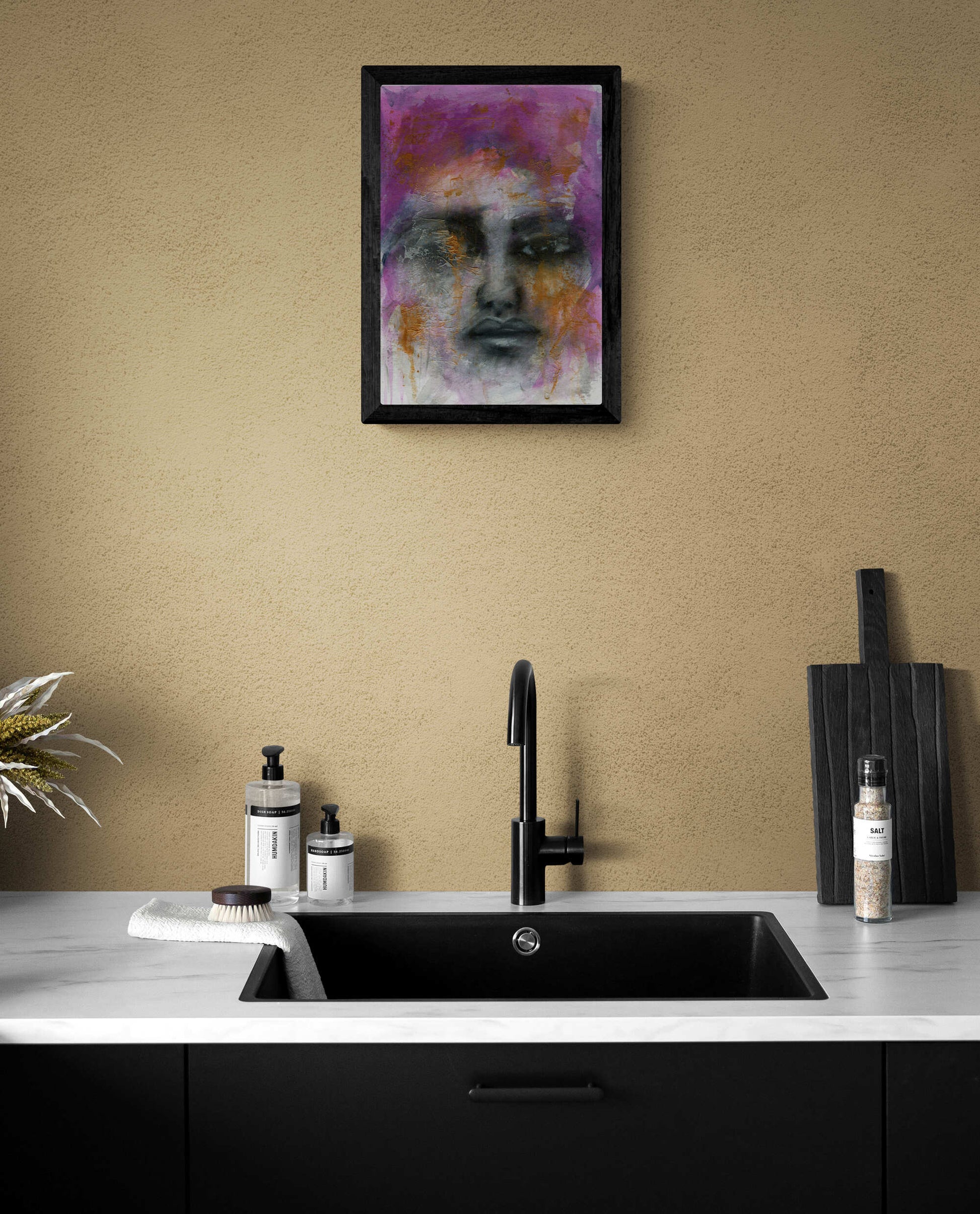 Expressive female portrait mixed media painting 9x12