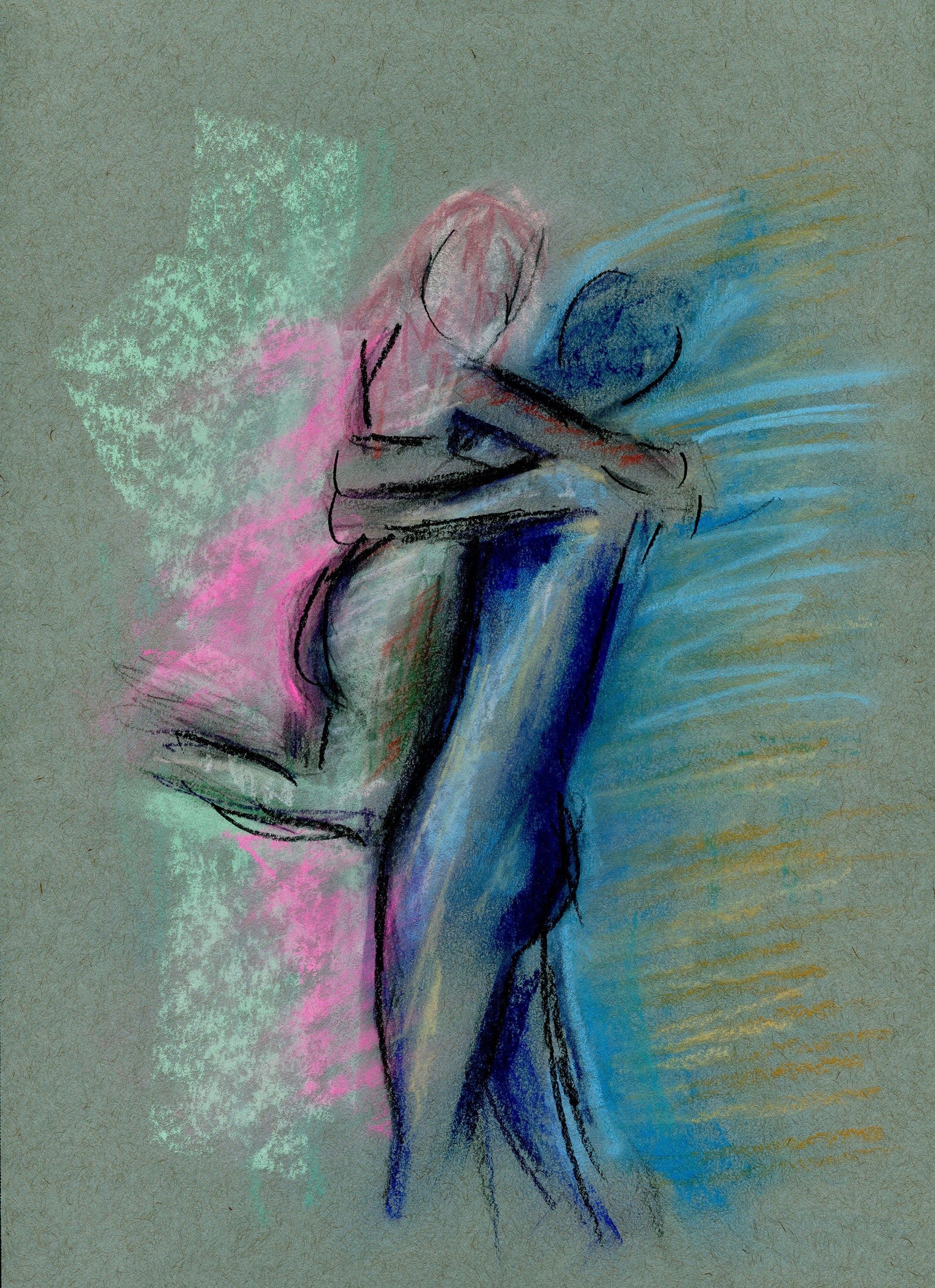 An original soft pastel drawing of a man and woman embracing, with bold bright colors on a tan-toned background.