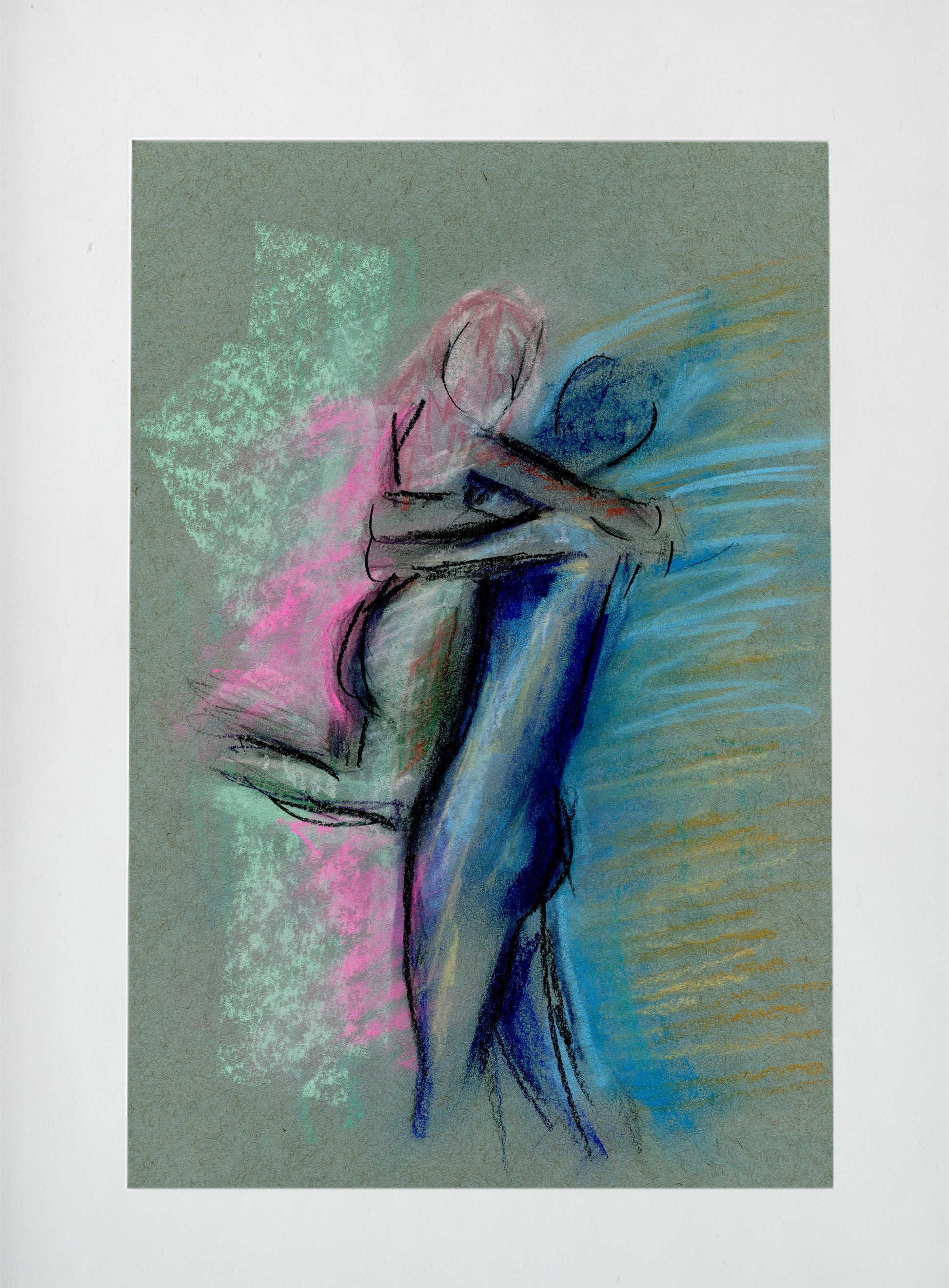 Expressive man and woman embracing soft pastel drawing 