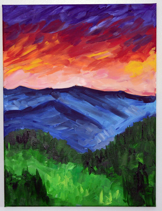 An acrylic painting on stretched canvas featuring a vibrant mountain landscape with a red and blue sky and green forested mountains.