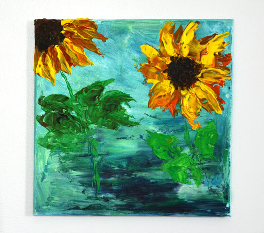 Expressive sunflower on canvas painting 12x12