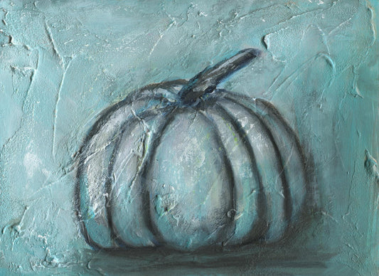 Fall blue pumpkin mixed media painting on watercolor board 9x12, fall decorations, fall home decor