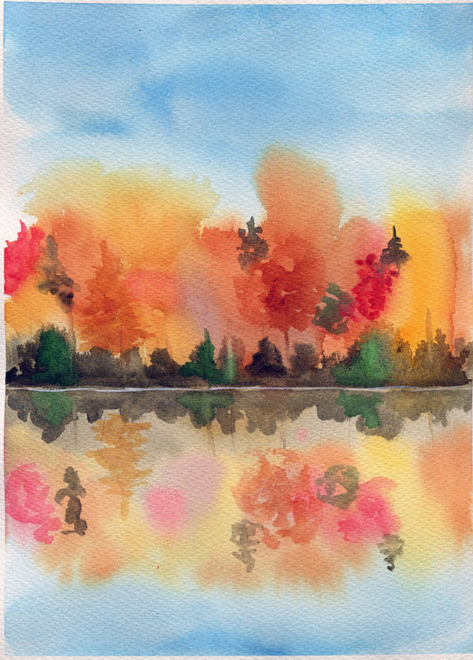 Watercolor painting of a forest with colorful trees reflected in water