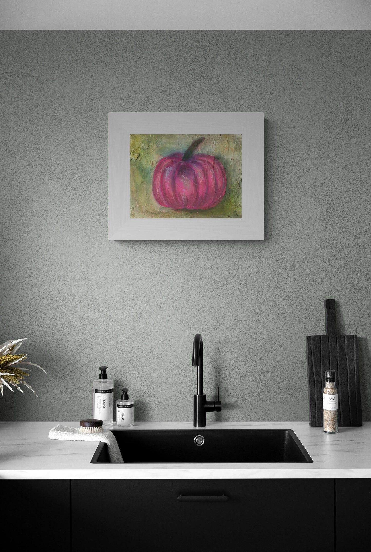 Fall pink pumpkin mixed media painting on watercolor board 9x12, fall decorations, fall home decor