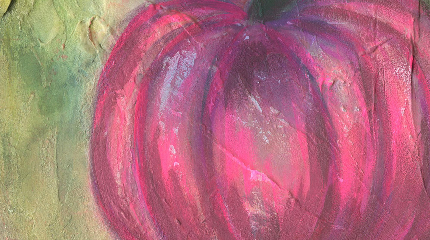 Fall pink pumpkin mixed media painting on watercolor board 9x12, fall decorations, fall home decor
