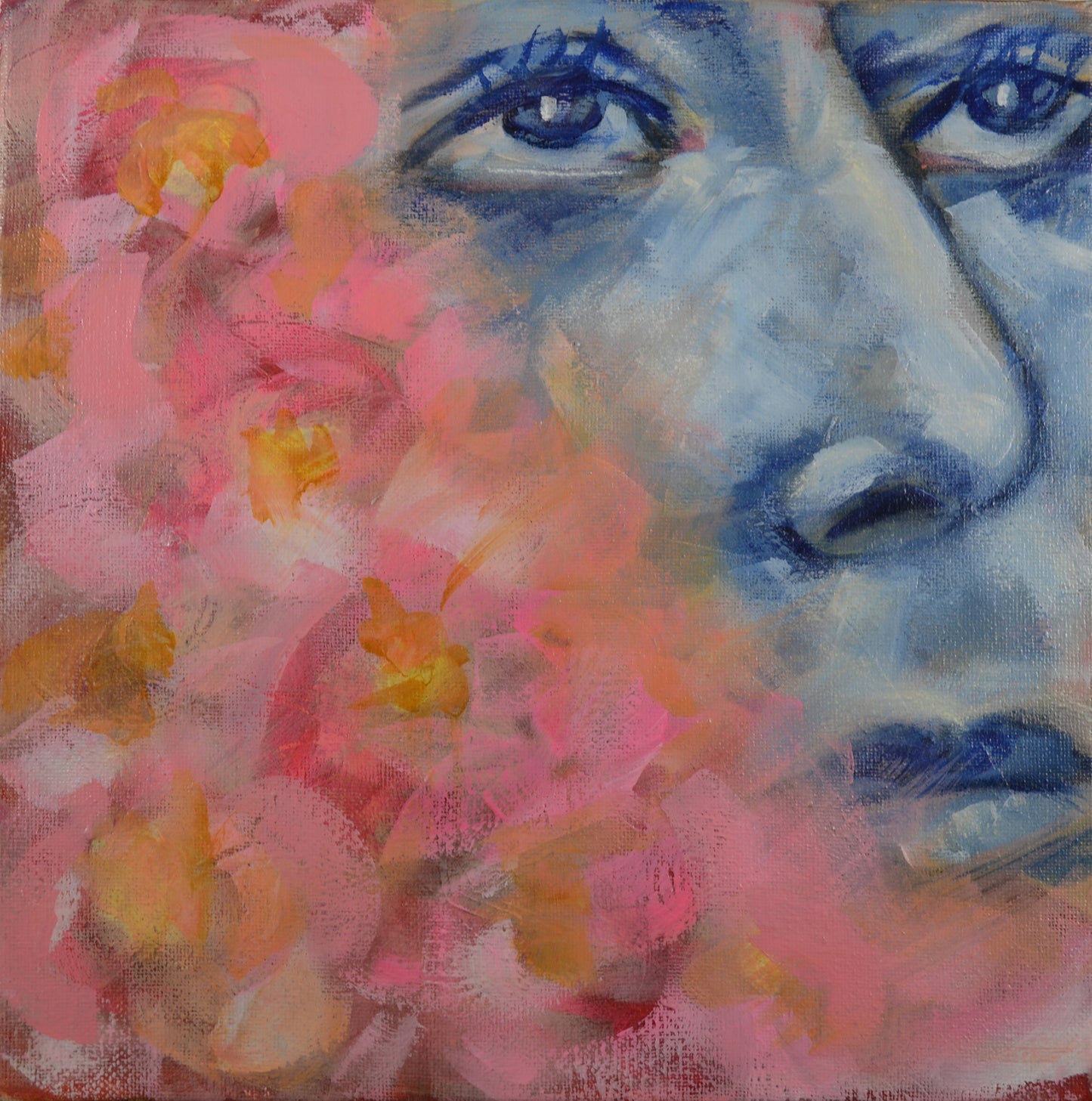 Hand painted abstract floral art with a portrait of a female face in the background, swirling colors and textures predominant.