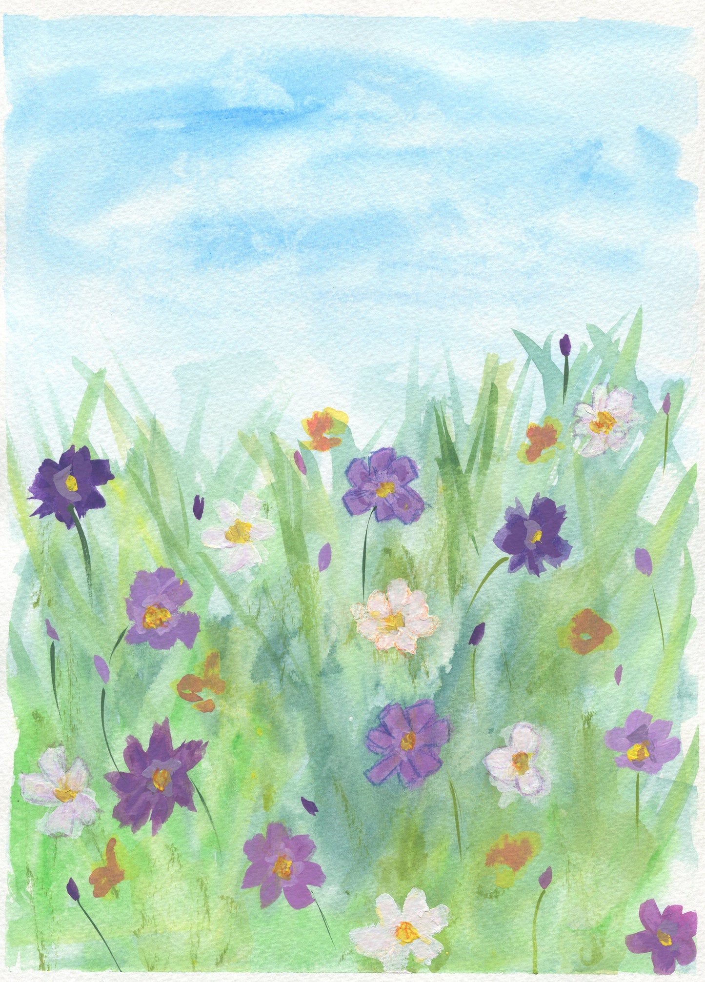 A hand-painted watercolor painting depicting a field of cosmos flowers with vibrant colors on a blue sky background, without a frame.