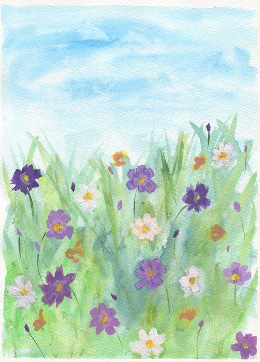 A hand-painted watercolor painting depicting a field of cosmos flowers with vibrant colors on a blue sky background, without a frame.