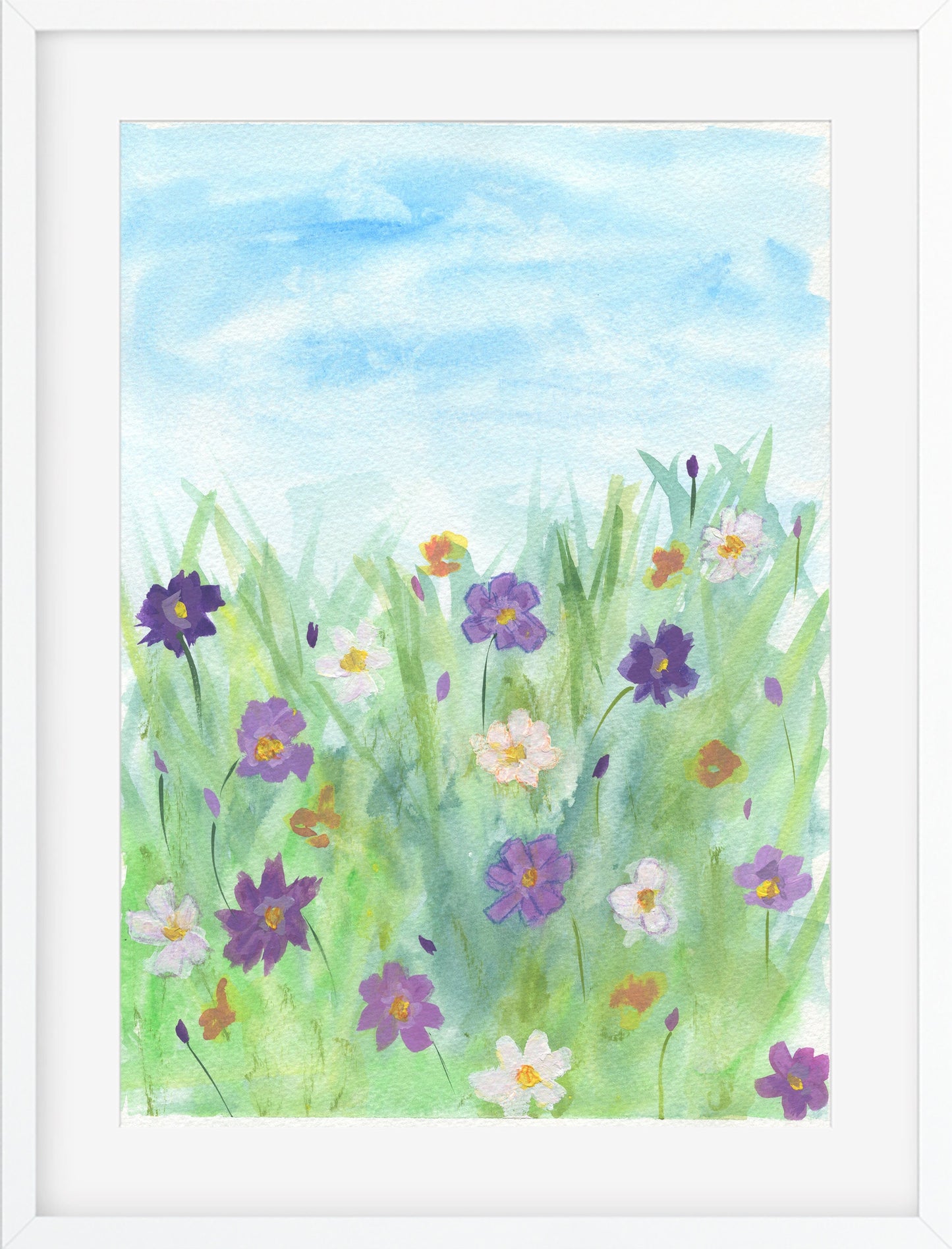 Field of cosmos flowers landscape watercolor painting