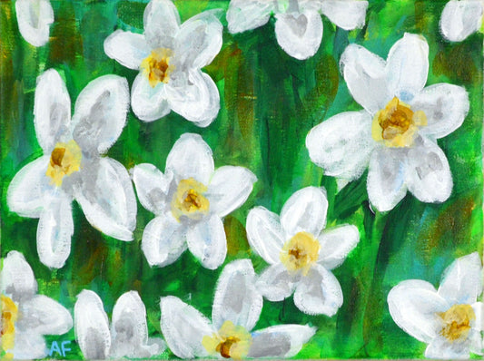 A hand-painted acrylic painting on canvas featuring a field of white daffodils with green leaves.