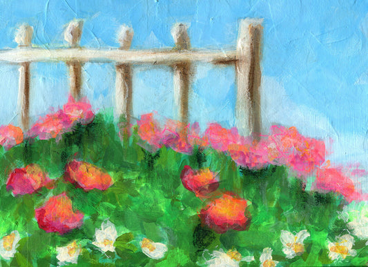 Hand painted acrylic painting of a field of flowers with a fence post, on a blue background.