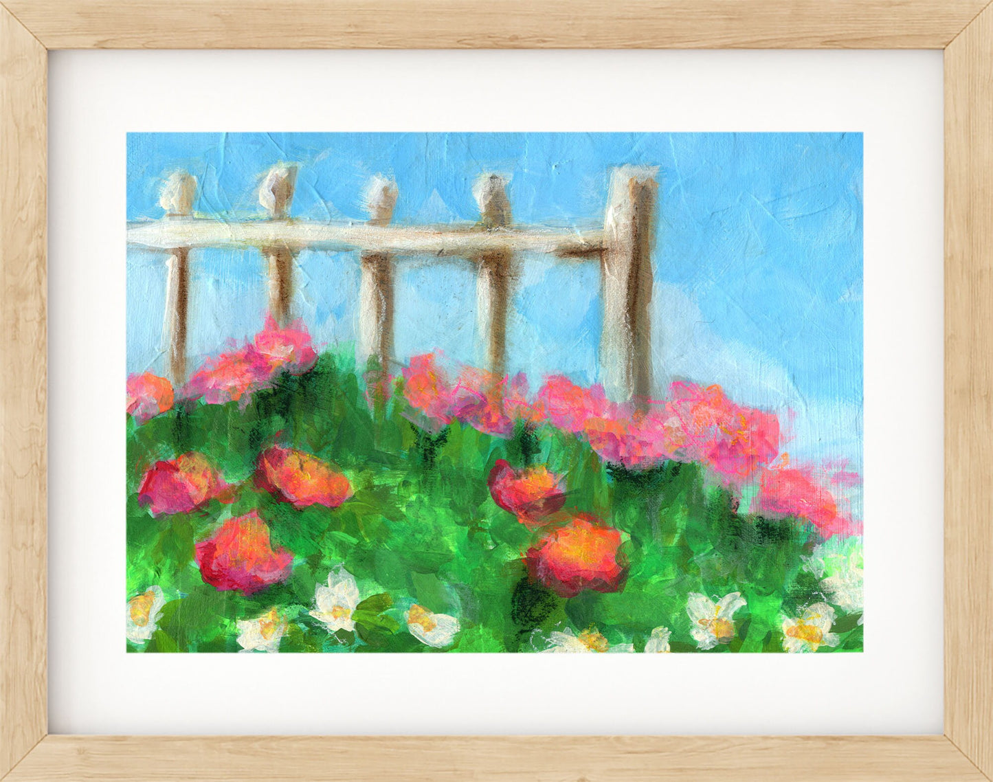 Field of flowers with a fence post
