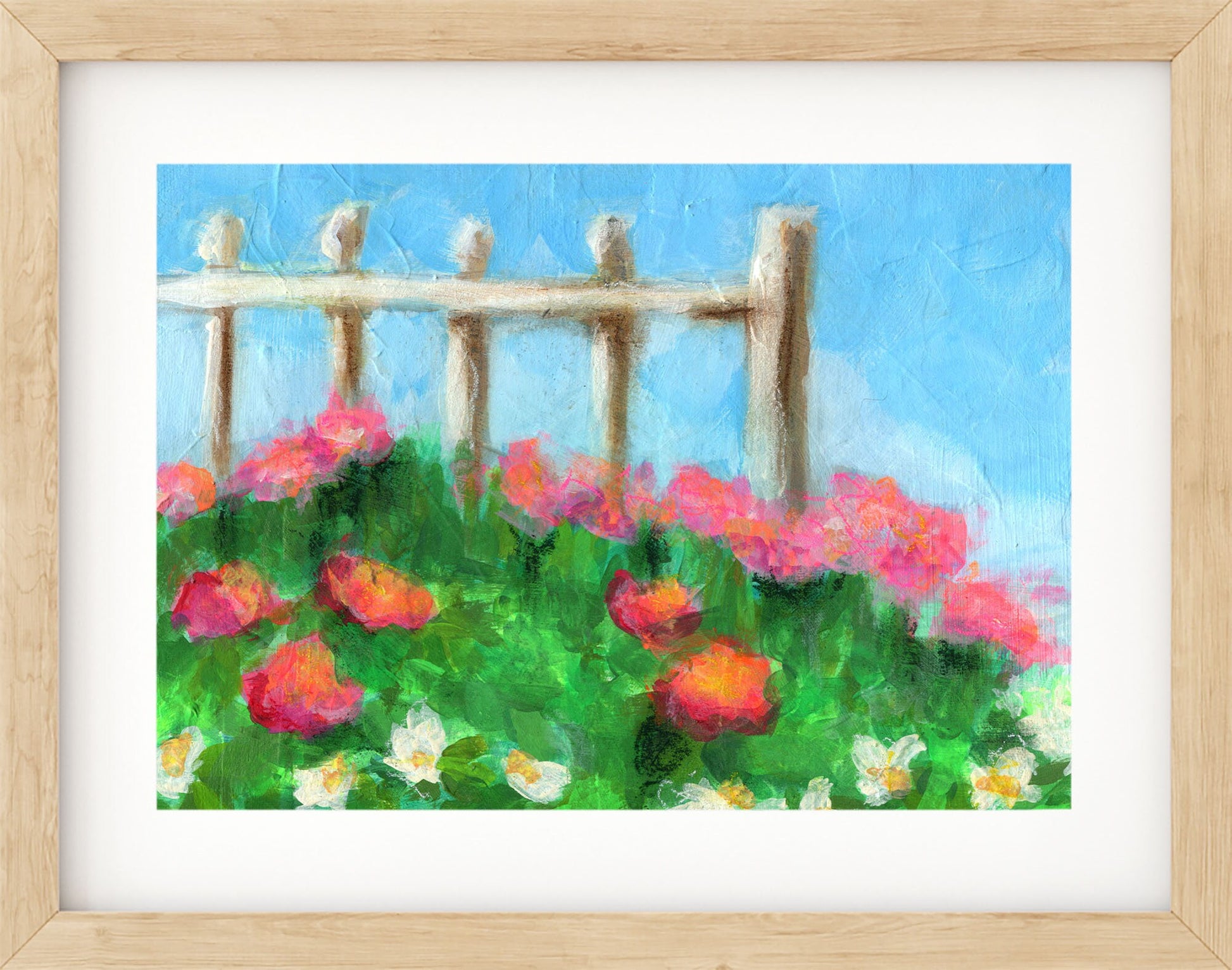 Field of flowers with a fence post
