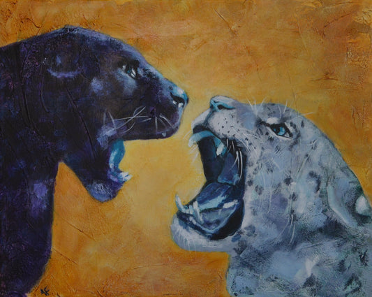 An original acrylic painting on canvas featuring two stylized leopard faces with a vibrant background.